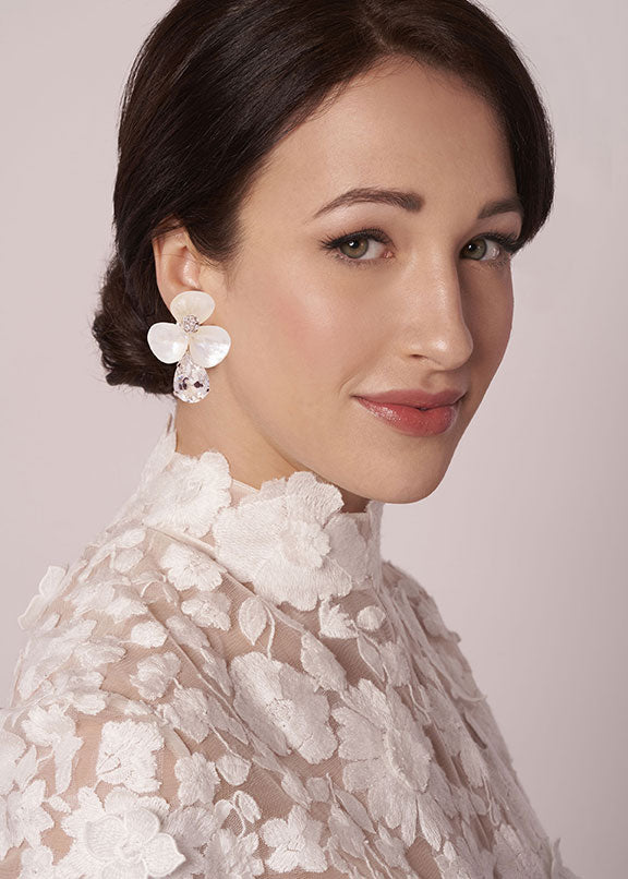 floral mother of pearl and crystal stud earring on model in lace dress