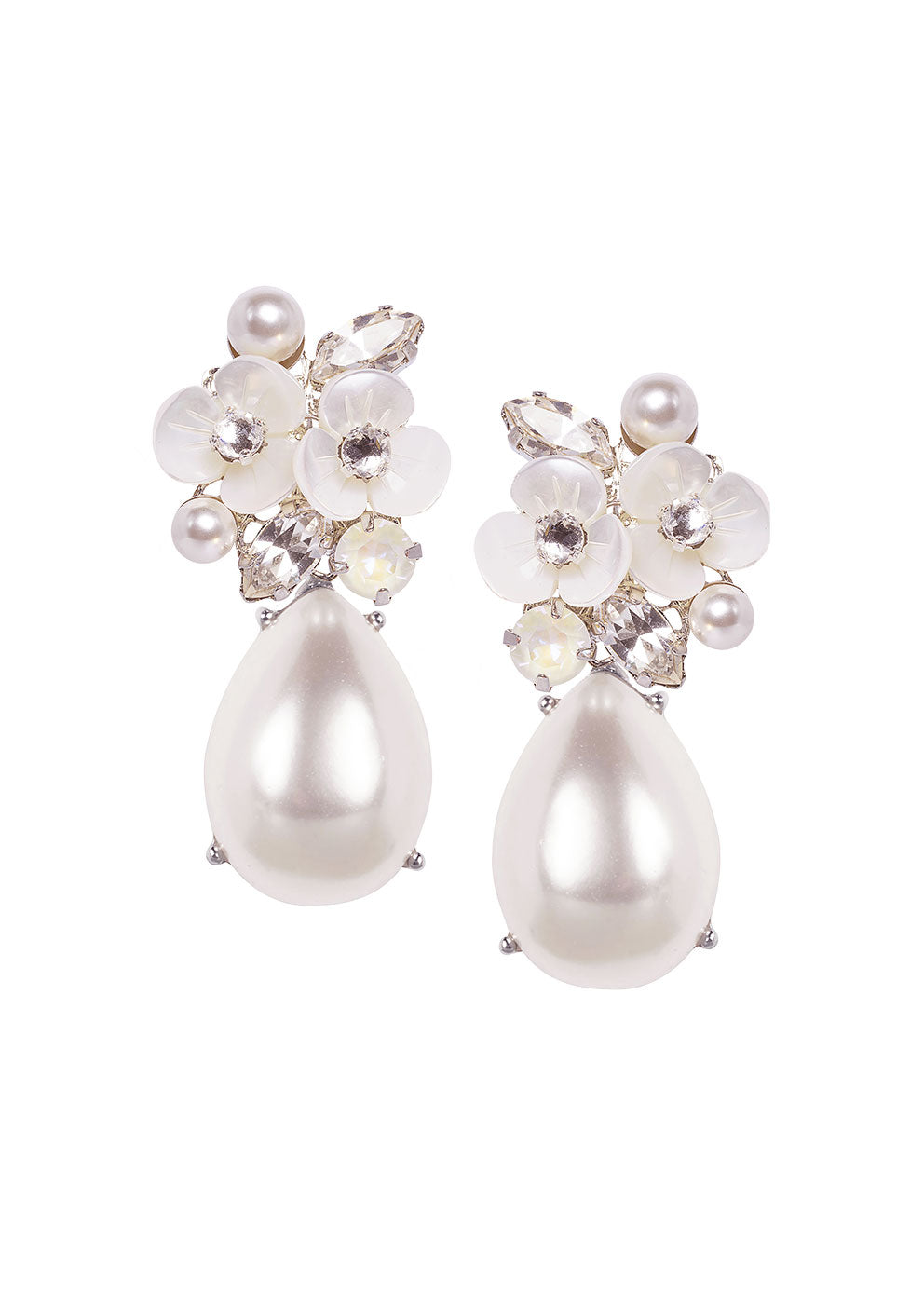 A pair of elegant drop earrings featuring a large pearl teardrop with floral accents, carved mother of pearl and crystal embellishments.