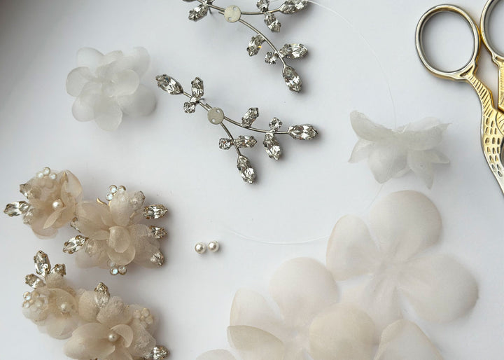 Blush floral statement bridal earring with scattered pearl and crystals