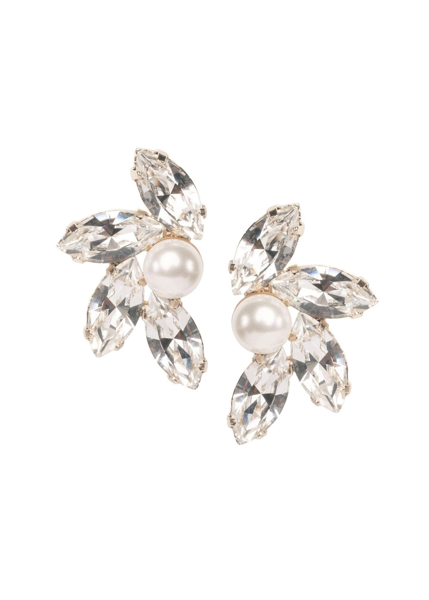 Gold Swarovski crystal and pearl statement stud earring, left right design on white background