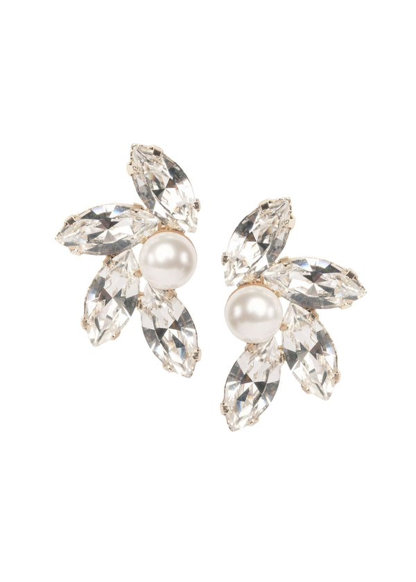 Gold Swarovski crystal and pearl statement stud earring, left right design on white background
