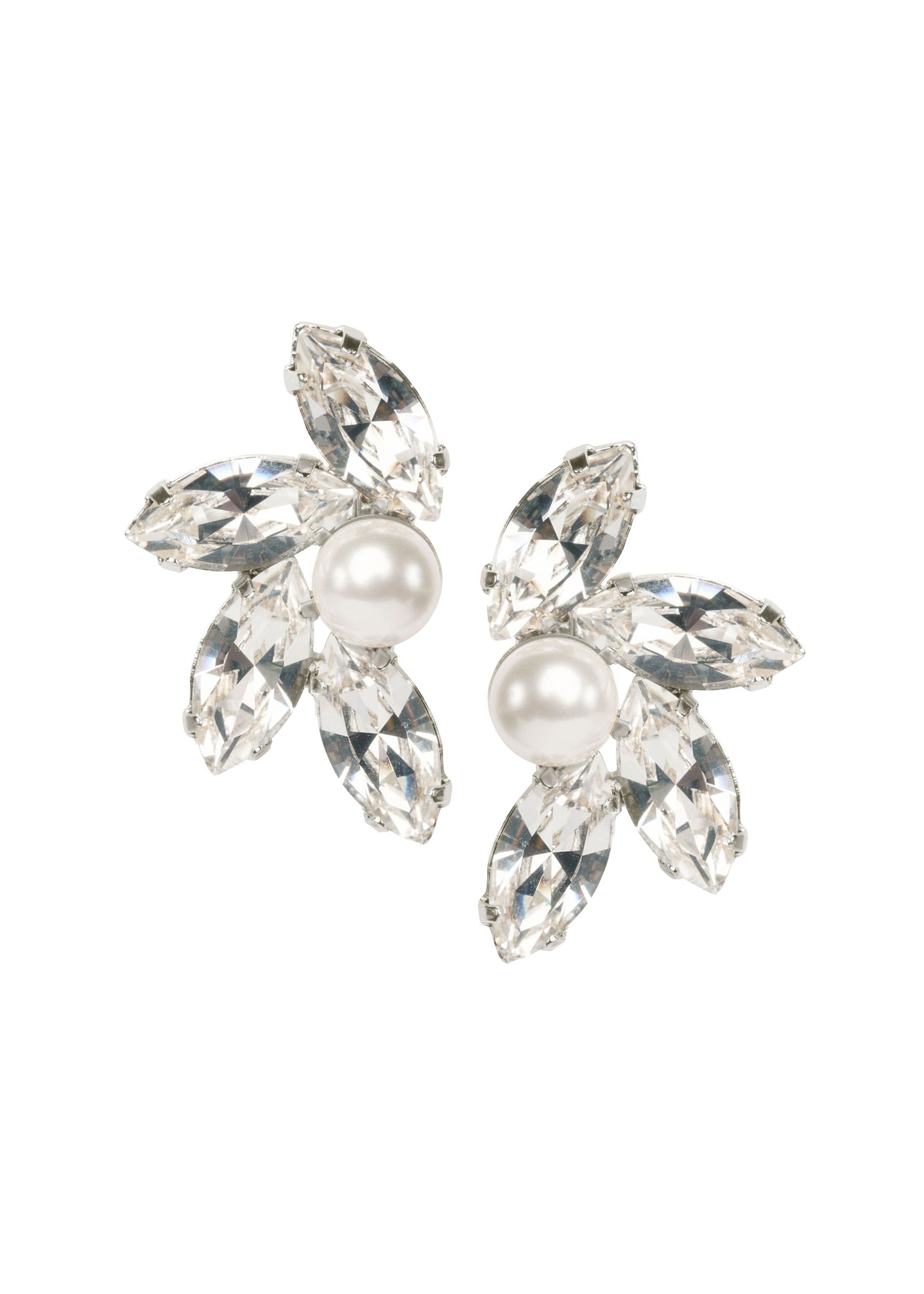 Swarovski crystal and pearl statement stud earring, left right design on white background