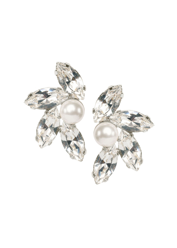 Swarovski crystal and pearl statement stud earring, left right design on white background