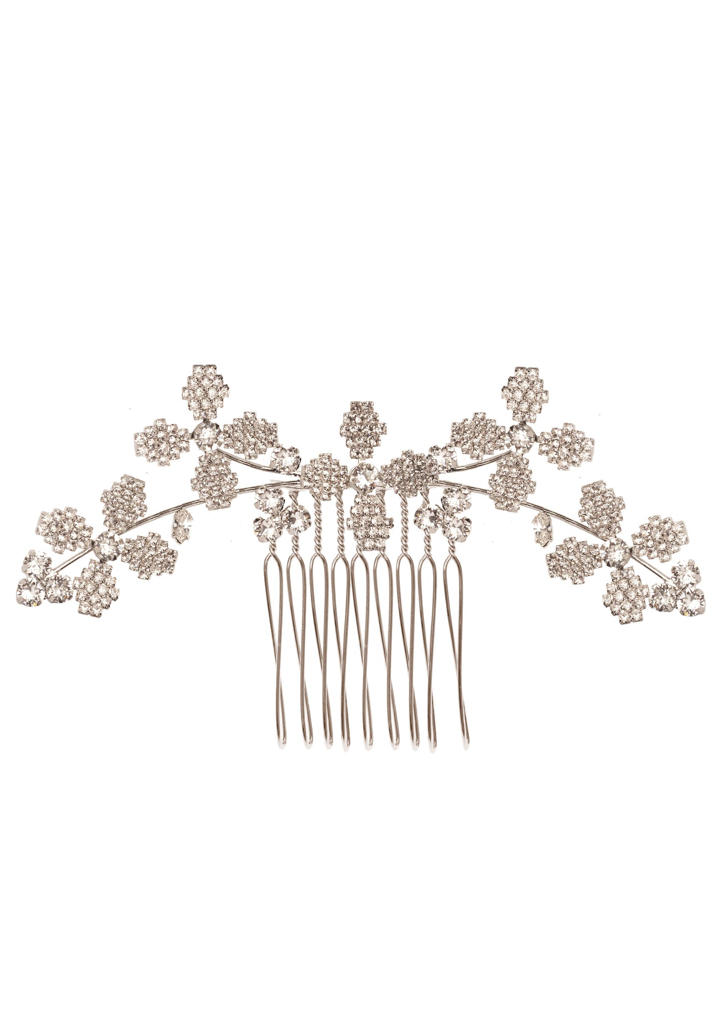 A silver floral crystal wedding hair comb on white background