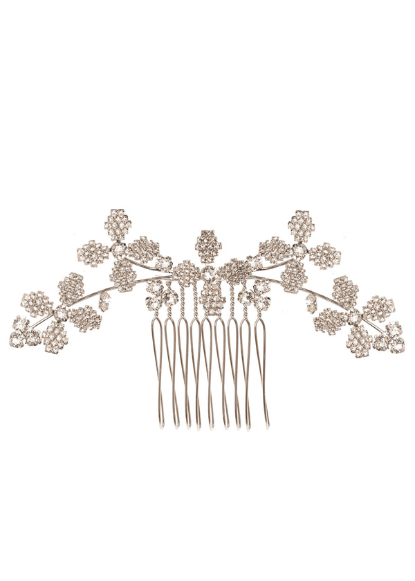 A silver floral crystal wedding hair comb on white background