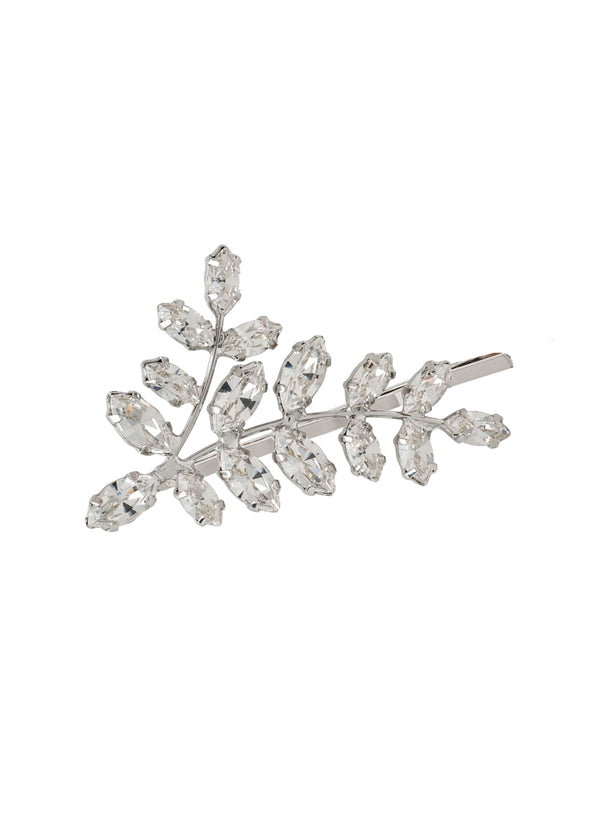 Crystal leaf silver hairpin on a white background