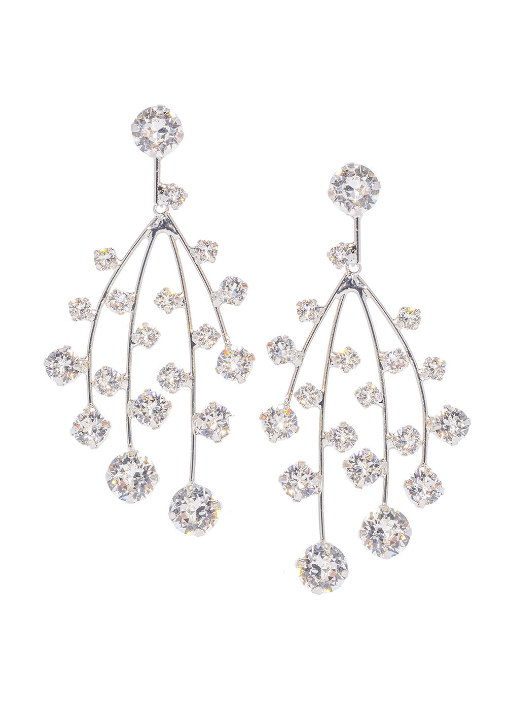 A pair of cascasding crystal chandeleir earrings on a white background
