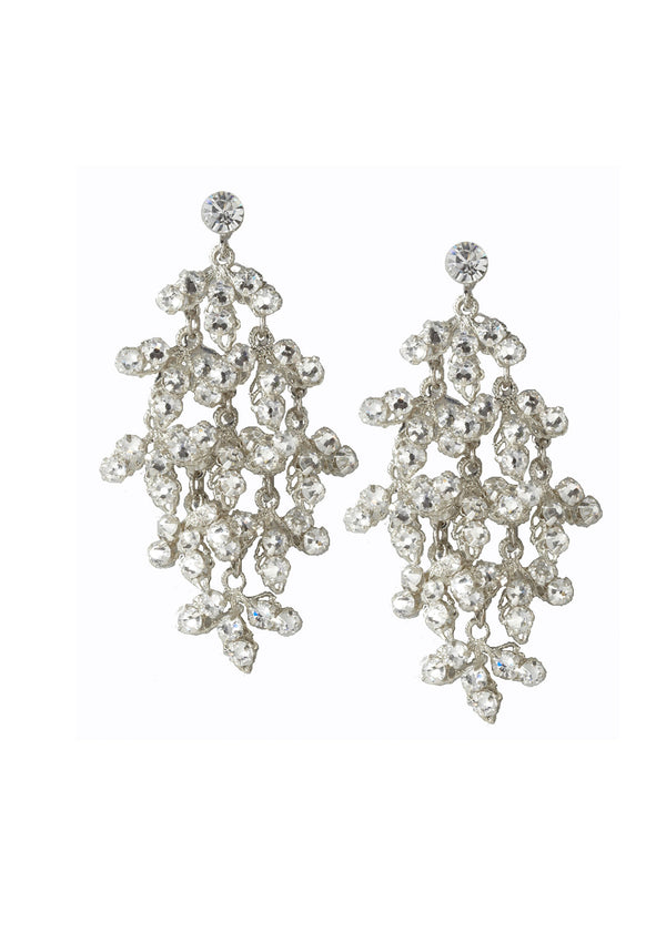 A pair of chandelier earrings with cascading crystals in a rhodium plate finish.