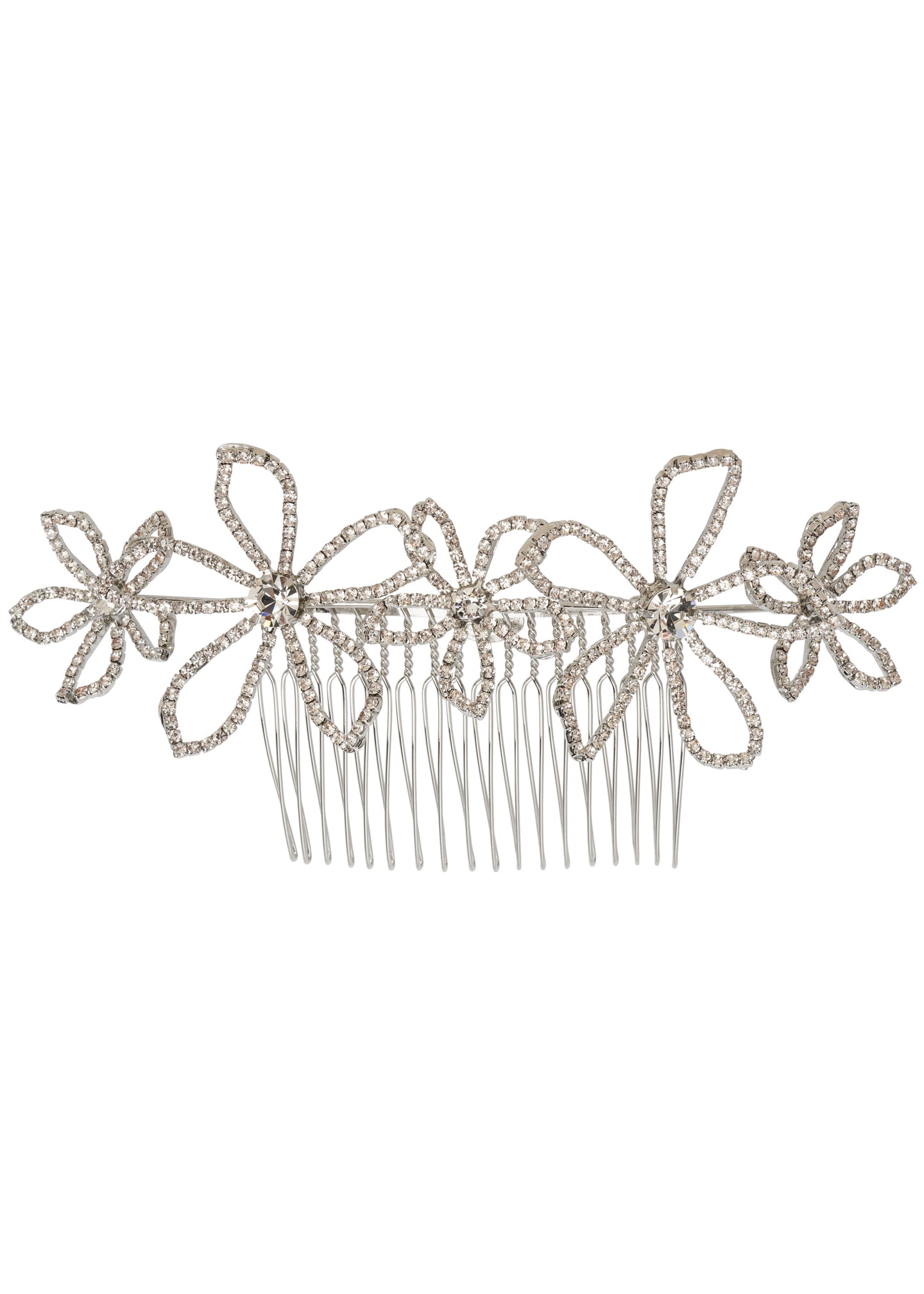 A crystal-encrusted floral hair comb with a wire base, intended to be worn in the hair for added sparkle.