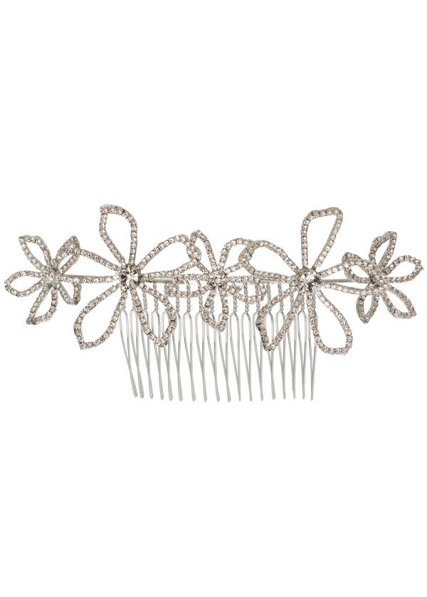 A crystal-encrusted floral hair comb with a wire base, intended to be worn in the hair for added sparkle.