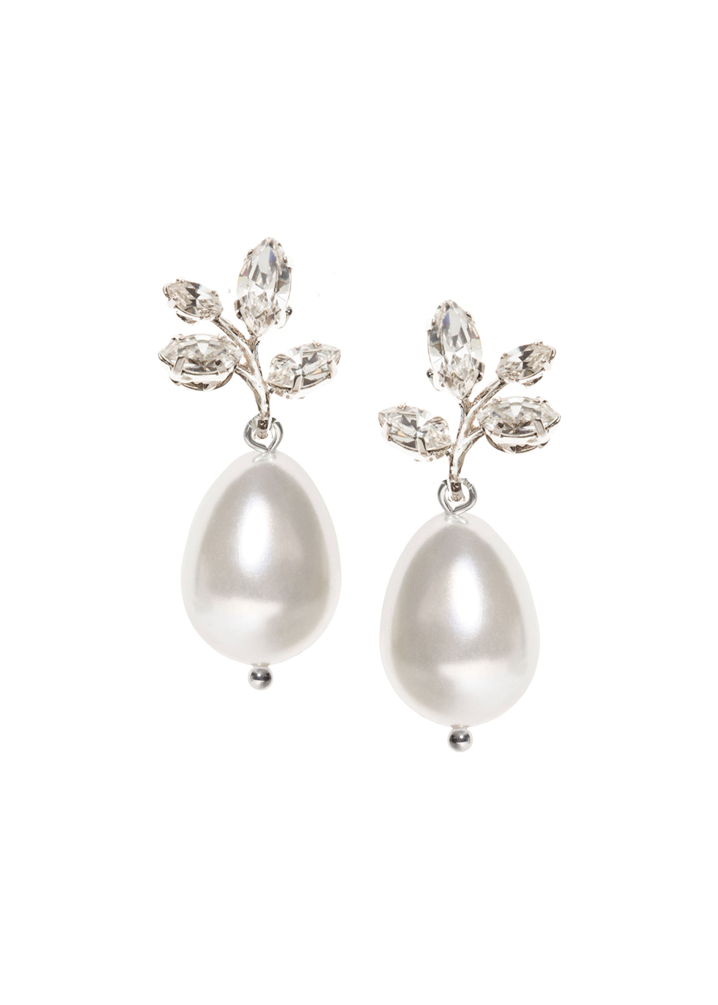 A pair of Vine Crystal Bud earrings with a teardrop pearl design, silver in color, with a rhodium finish on a brass base.