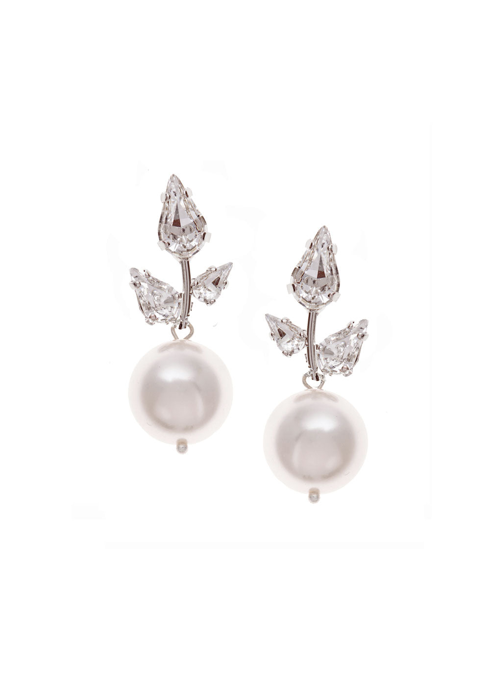 A pair of pearl drop earrings with a crystal vine style design, featuring a rhodium plate finish.
