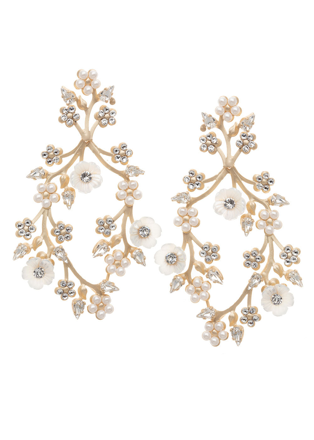 Floral Bridal gold hoop earring with mother of pearl flowers on a white background