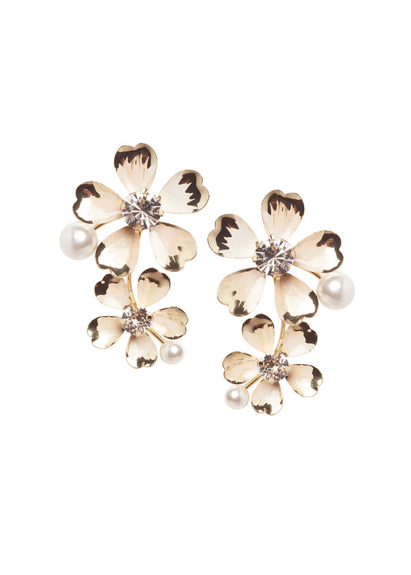 Double flower earring with pearls in gold on white background