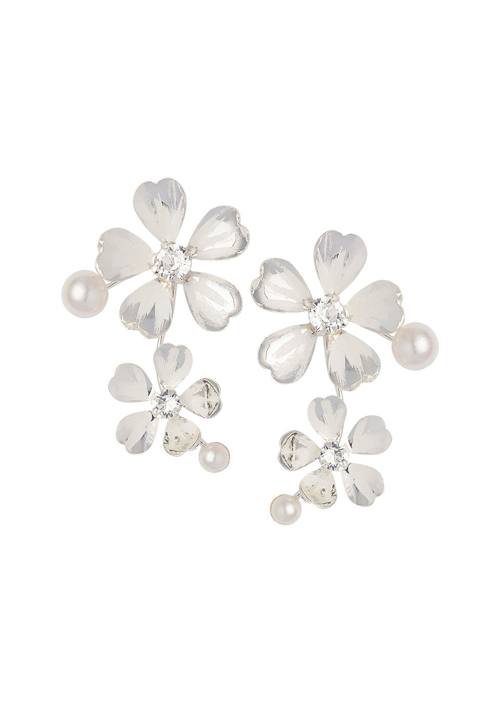 Double flower earring with pearls in silver on white background
