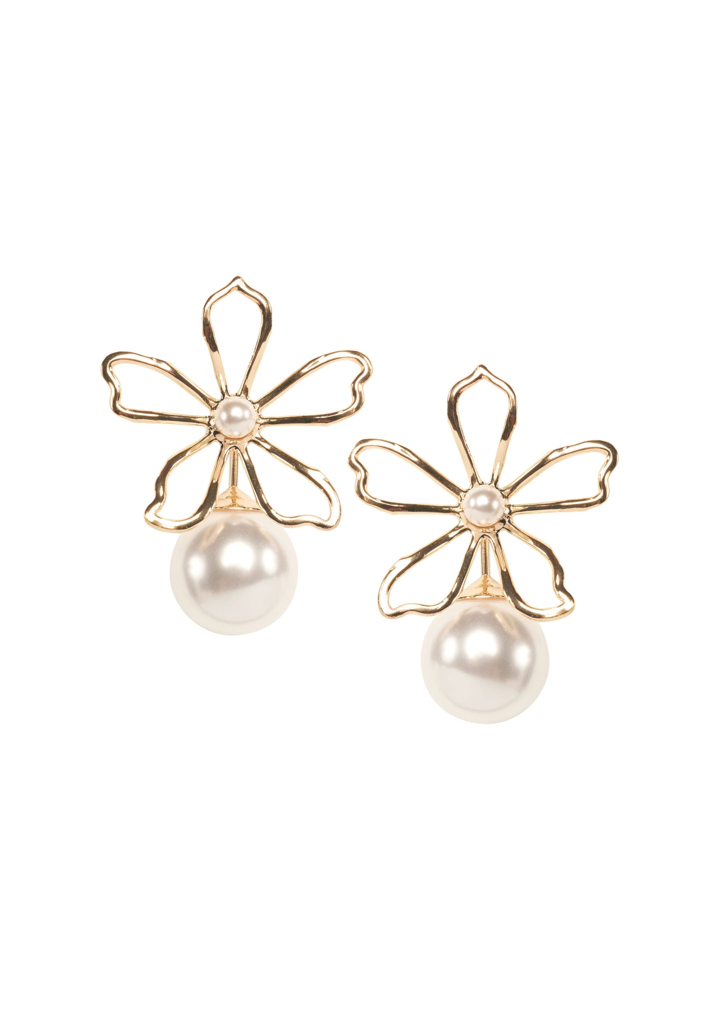Gold open flower and pearl stud earring on white background
