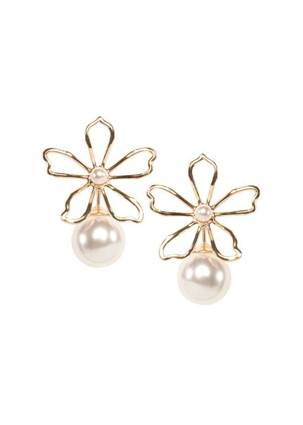 Gold open flower and pearl stud earring on white background