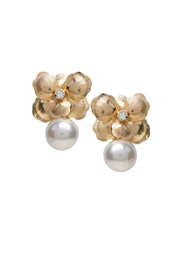 Gold floral and pearl stud earring with crystal center on white background