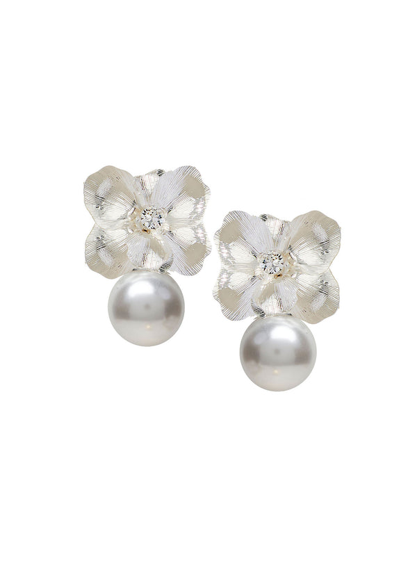 Silver floral and pearl stud earring with crystal center on white background