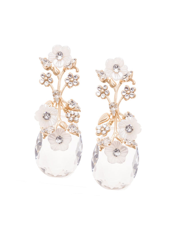 matte gold tear drop earring accented with mother of pearl flower and crystals on white background