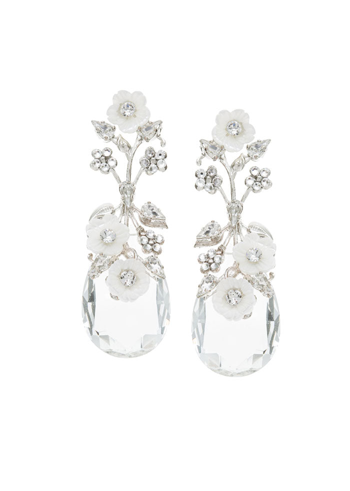 silver tear drop earring accented with mother of pearl flower and crystals on white background