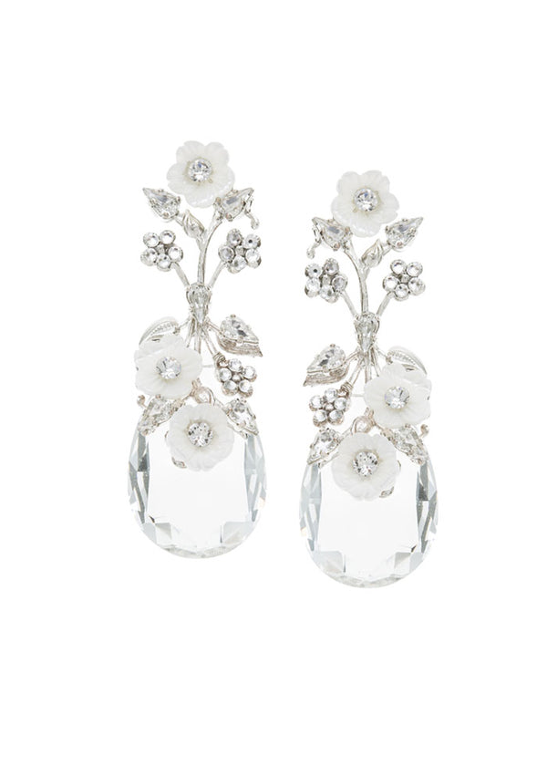 silver tear drop earring accented with mother of pearl flower and crystals on white background