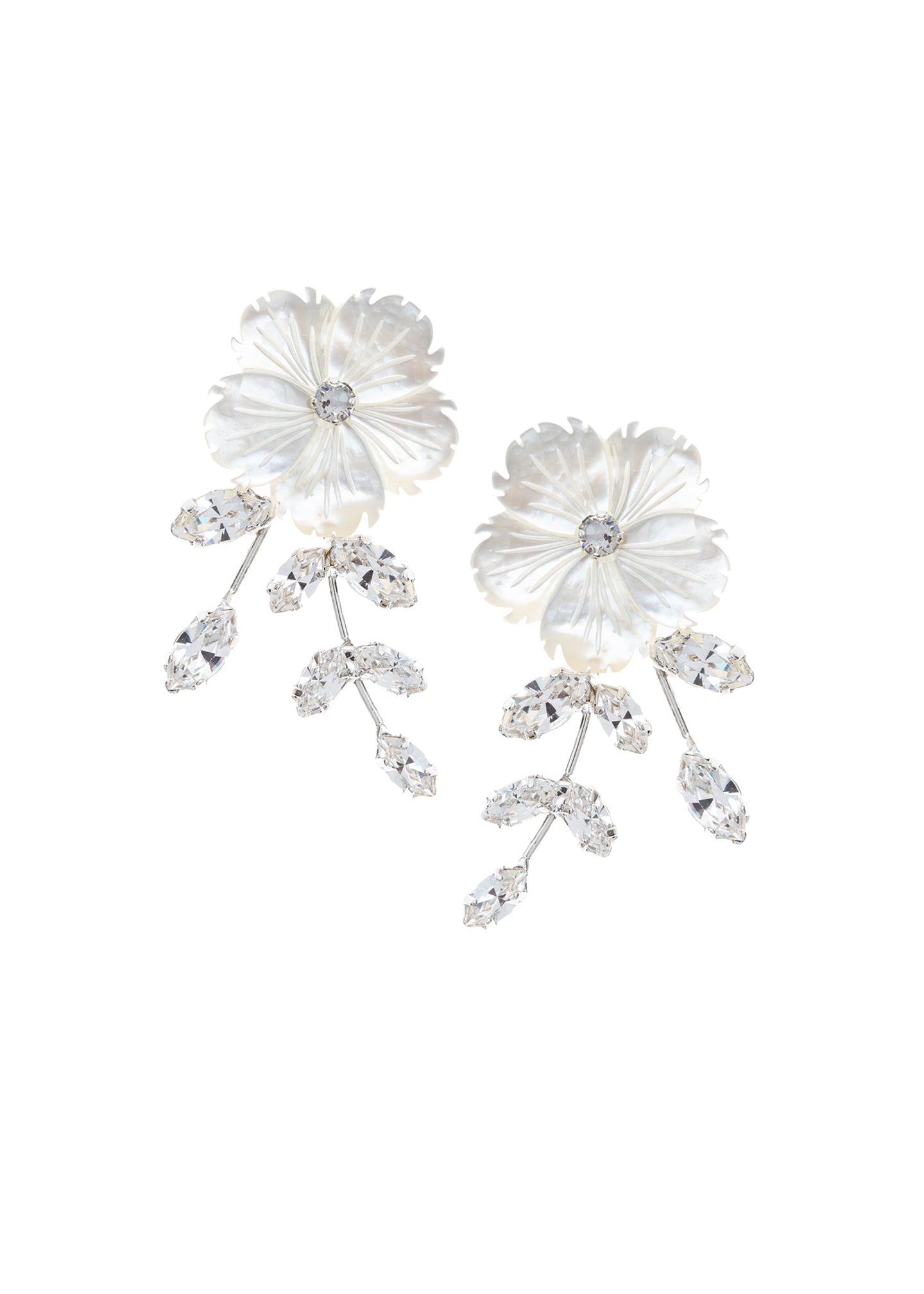 mother of pearl flower and crystal silver earring on white background