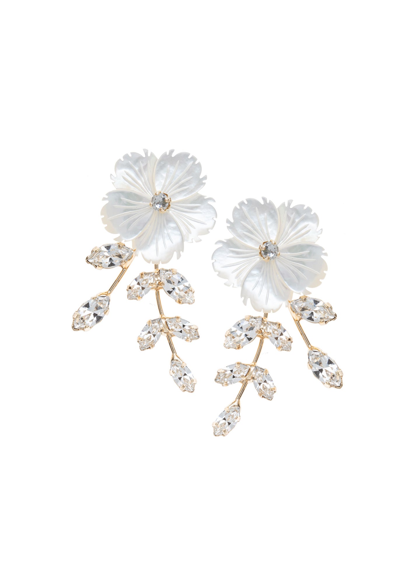 mother of pearl flower and crystal gold earring on white background