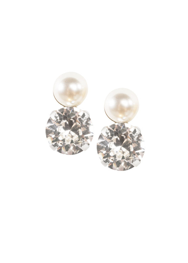 Chic crystal and pearl stud bridal earring in gold on a white background