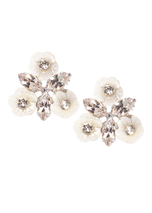 Silver mother of pearl and Swarovski crystal cluster stud earring on a white back ground