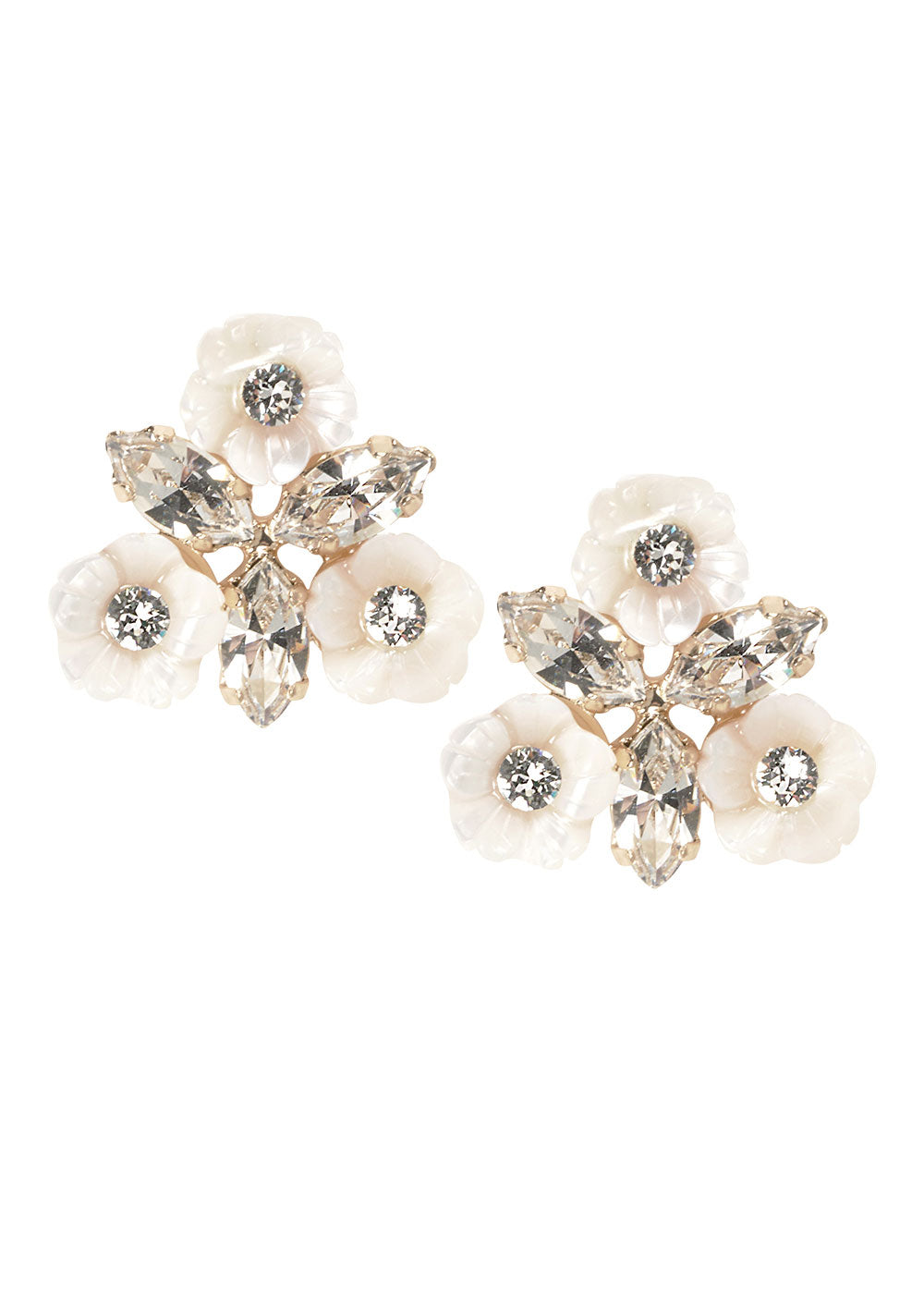 gold mother of pearl and Swarovski crystal cluster stud earring on a white back ground