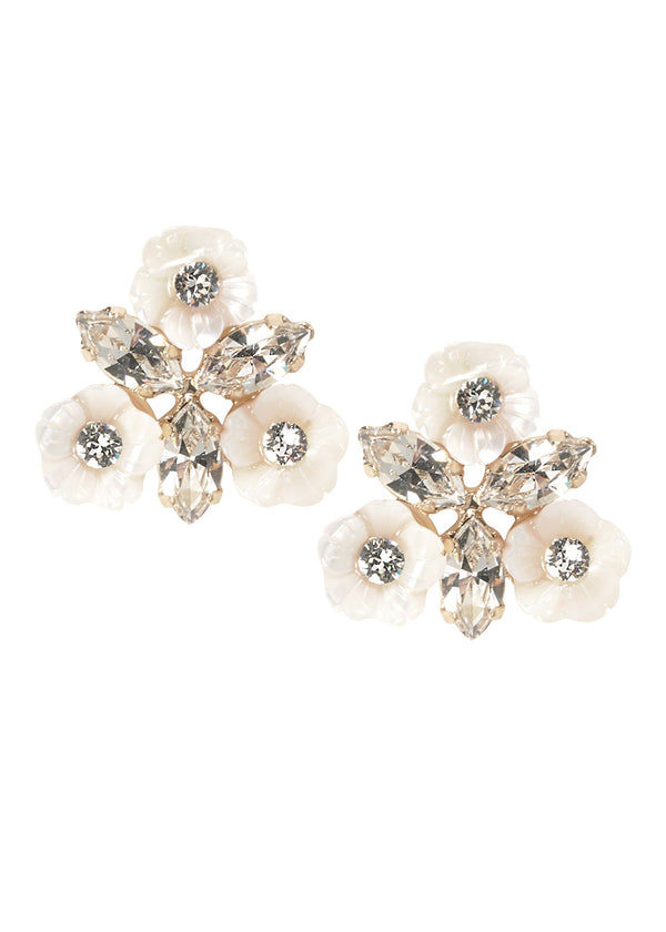 gold mother of pearl and Swarovski crystal cluster stud earring on a white back ground
