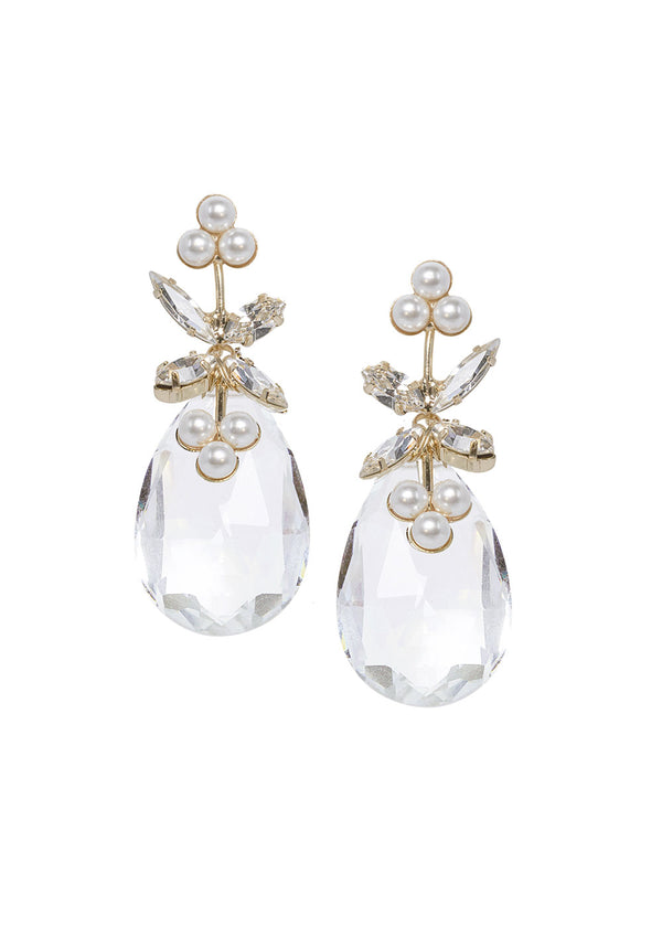 gold crystal tear drop earring with pearl accents on white background