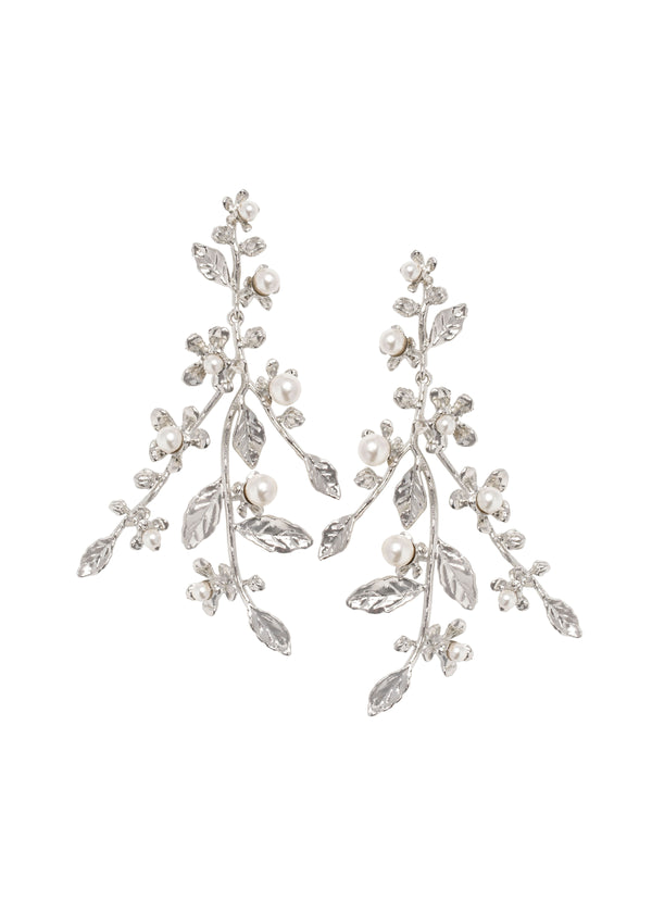 Silver and pearl floral leaf chandelier earring on white background