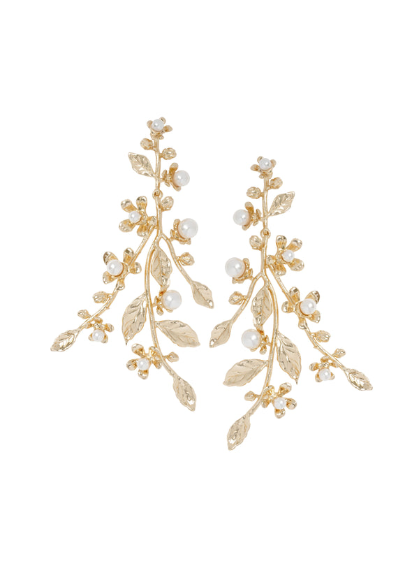 Gold and pearl floral leaf chandelier earring on white background