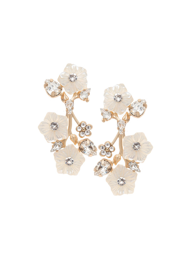 mother of pearl 3 flower drop earring in matte gold and crystals