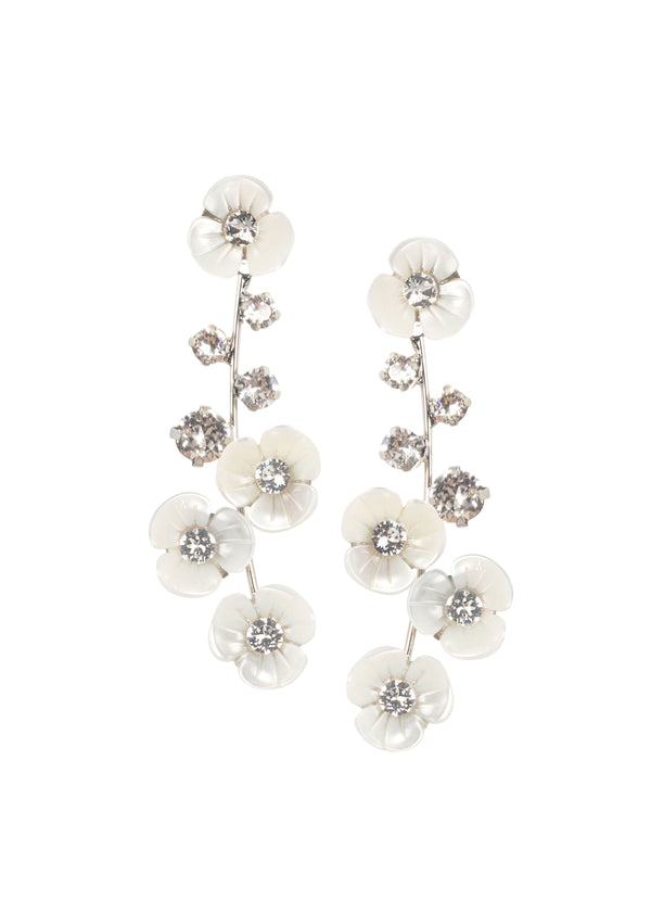 mother of pearl and crystal floral drop earring on white background