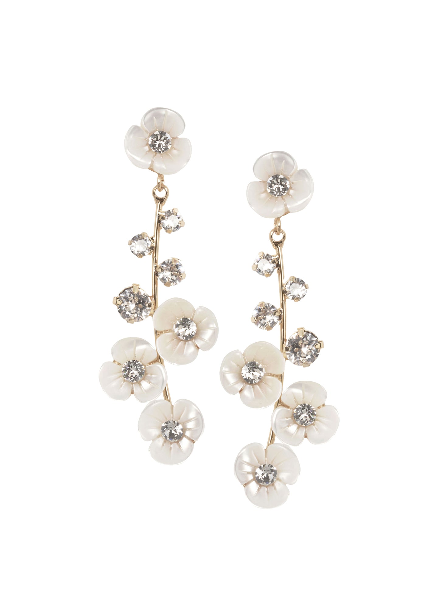 mother of pearl and crystal floral gold drop earring on white background