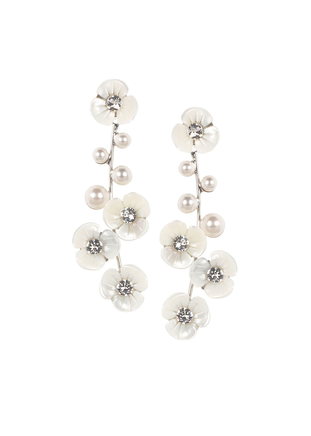 floral mother of pearl and crystal linear drop earring on white background
