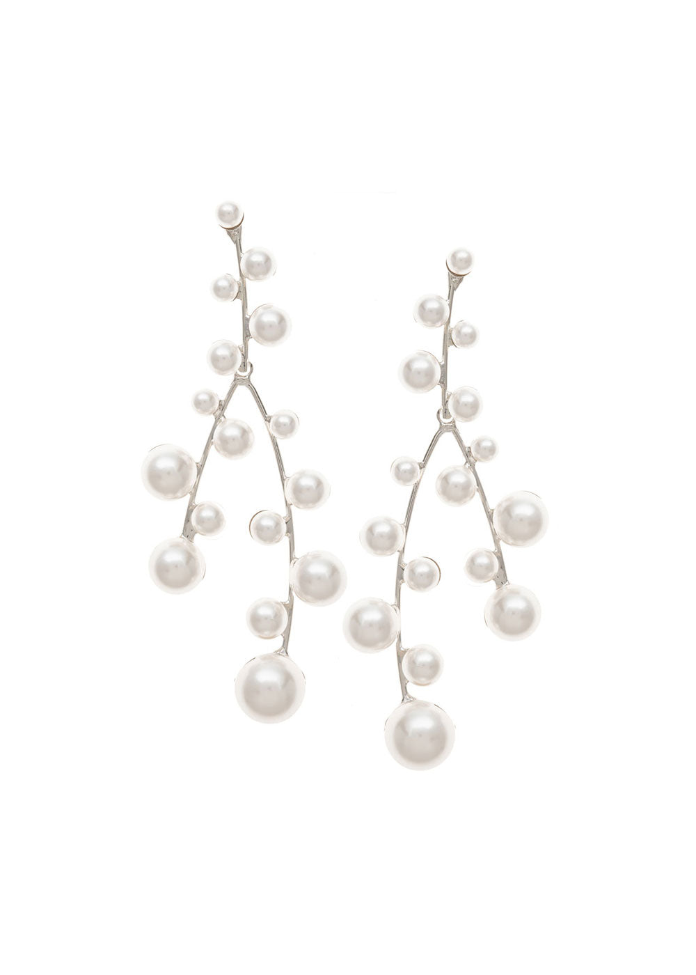 Cascading silver pearl bridal chandelier earring on white background