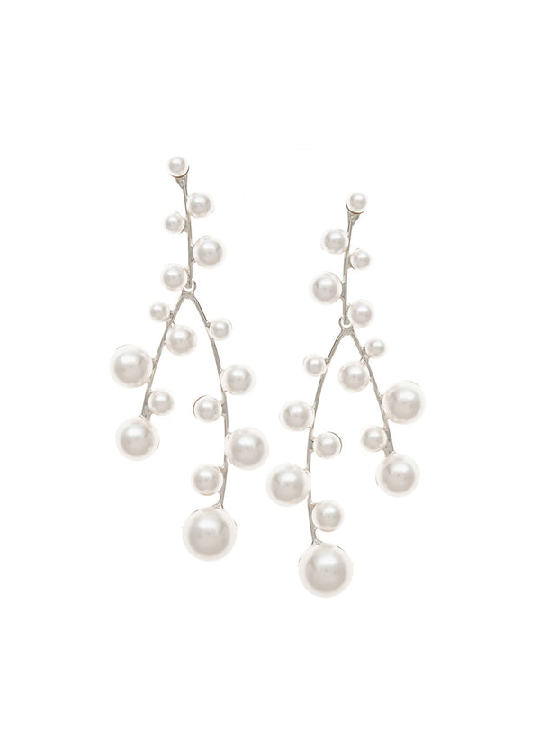 Cascading silver pearl bridal chandelier earring on white background