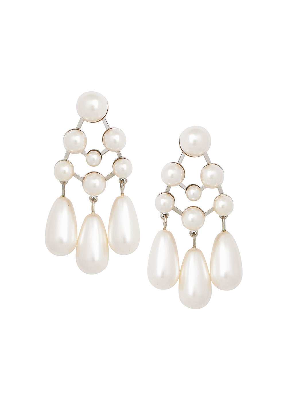 Silver Pearl statement earrings with 3 tear drop pearl drops on white background
