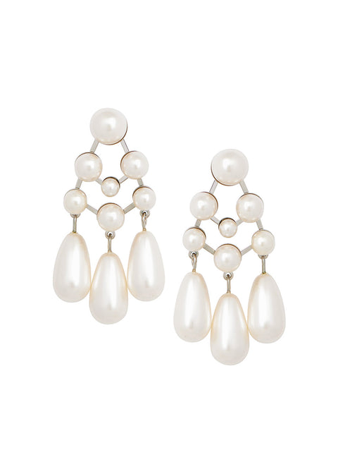 Silver Pearl statement earrings with 3 tear drop pearl drops on white background