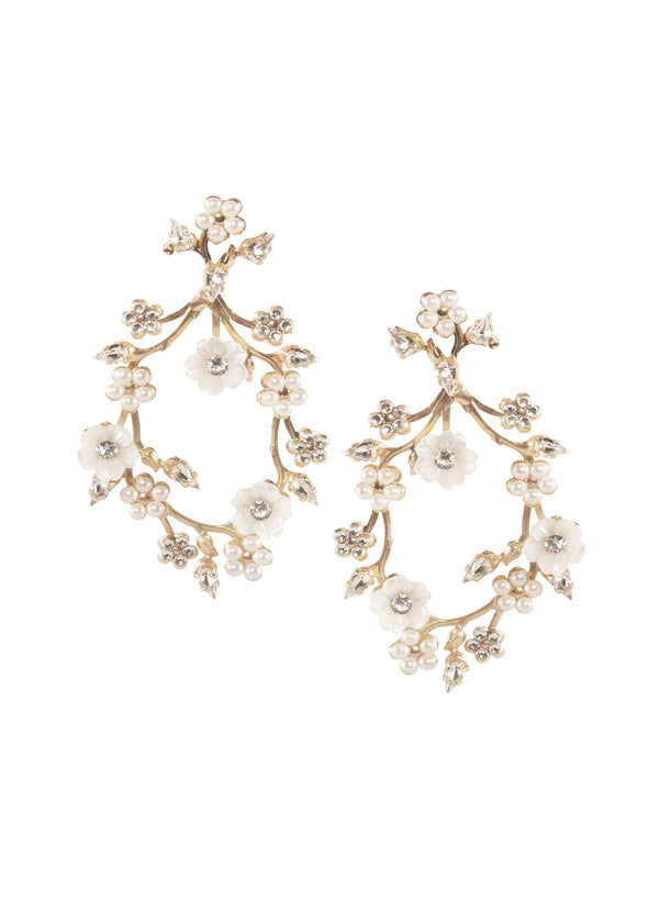 Matte gold floral hoop earring with mother of pearl flower and crystal accents
