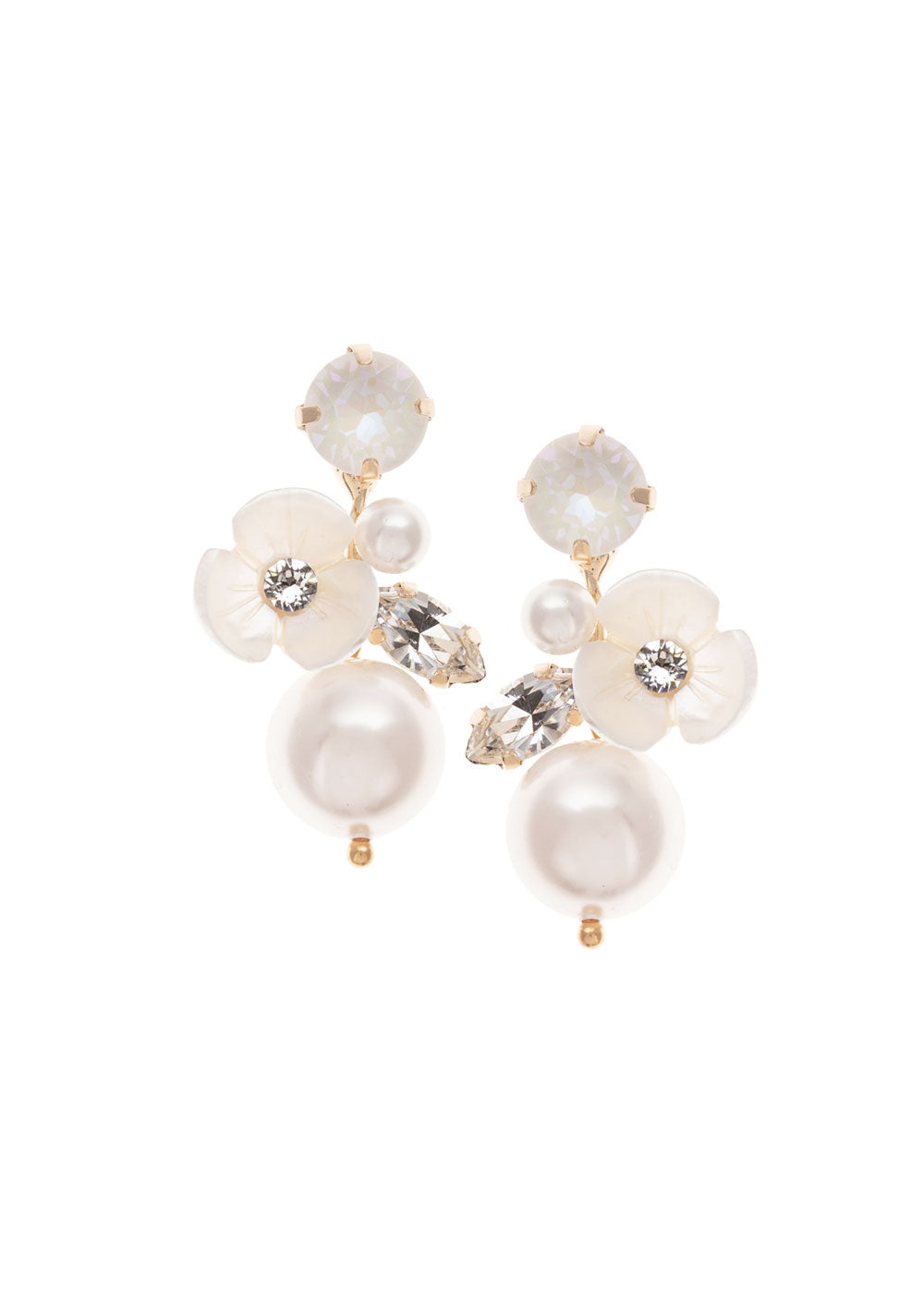 Bridal Pearl drop earring crystal made with mother of pearl  flowers and crystals on white background