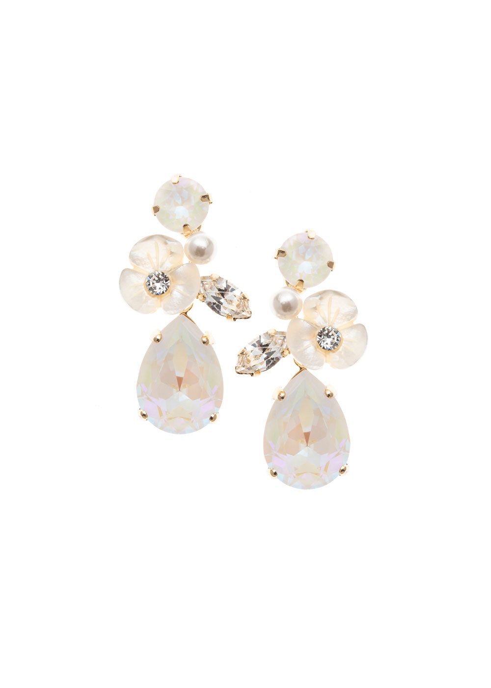 A crystal and mother of pearl gold floral drop earring on white background