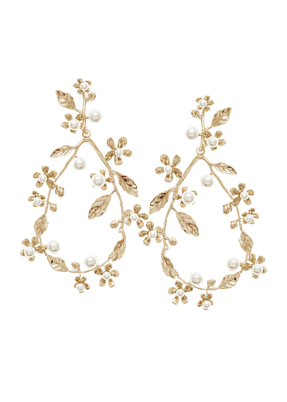 Gold and pearl floral hoop earring on white background