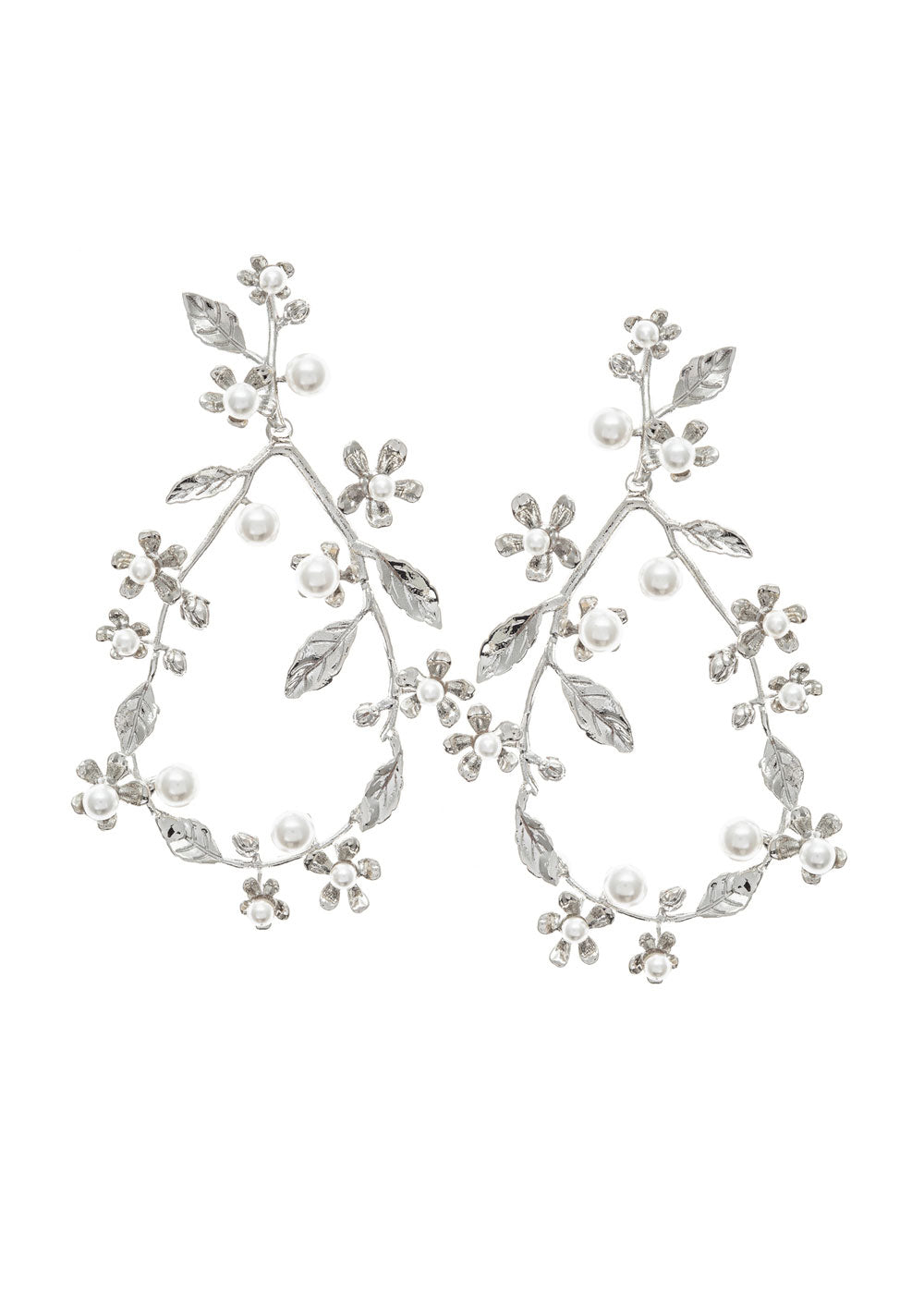 Silver pearl floral hoop earring on model side view