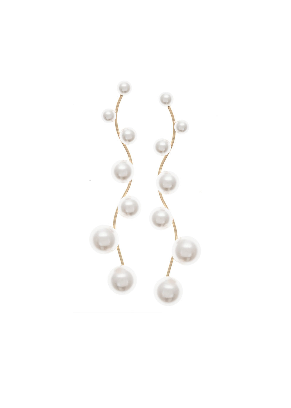 Long gold scattered gold pearl drop earring on white background