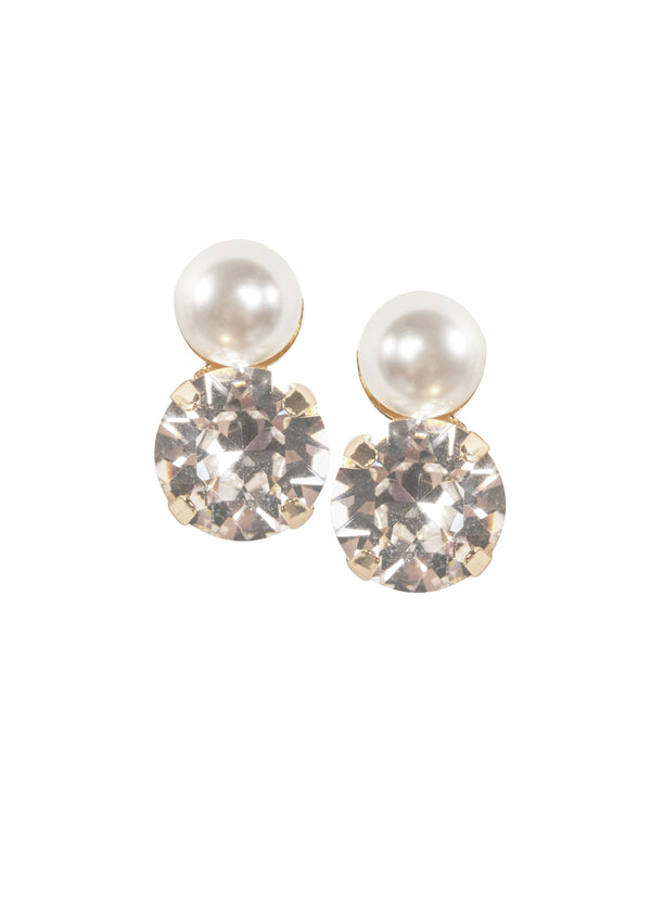 Chic crystal and pearl gold stud bridal earring on a white background